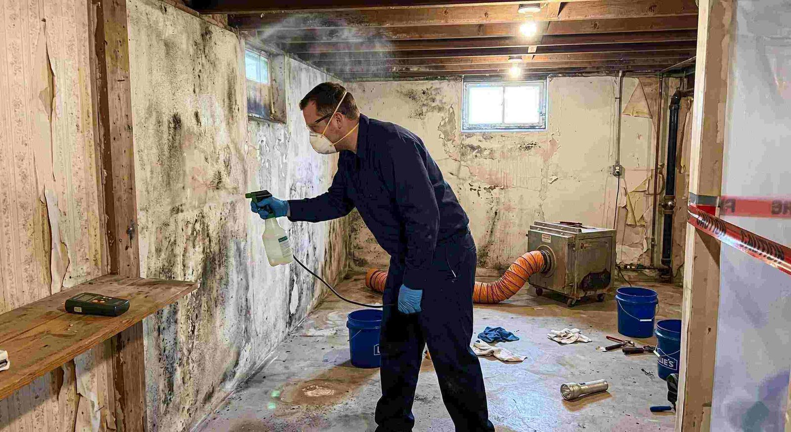Professional technician performing antimicrobial mold treatment in a damp basement during mold remediation in a home in Round Rock.