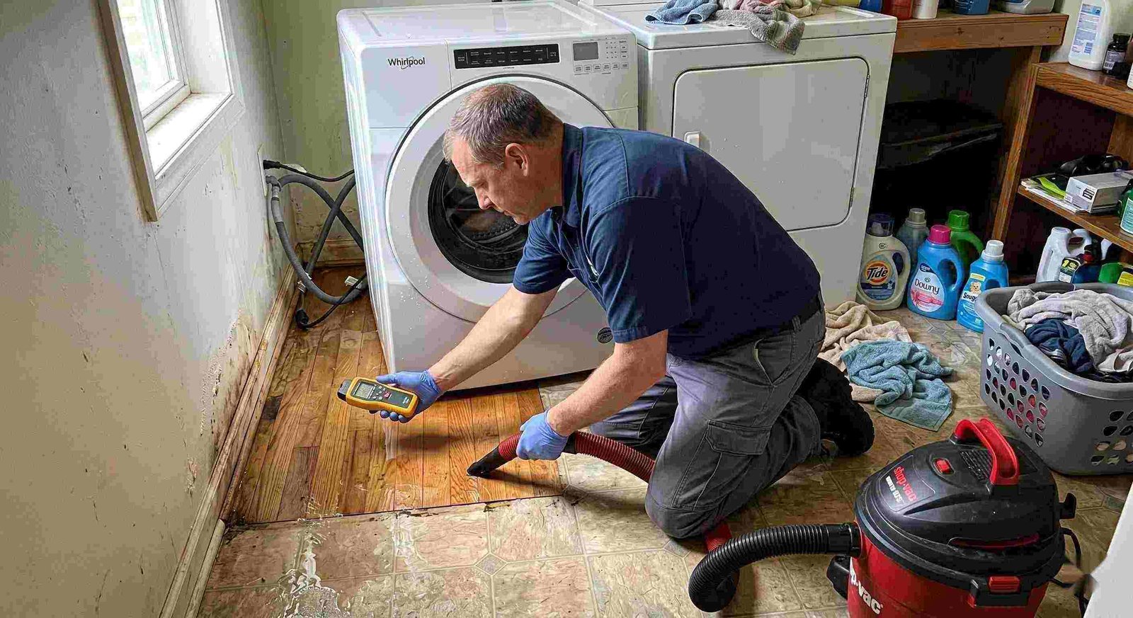 Appliance leak cleanup in a home laundry area with water pooling around the washing machine, showing technicians removing water and inspecting damp floors in Round Rock.