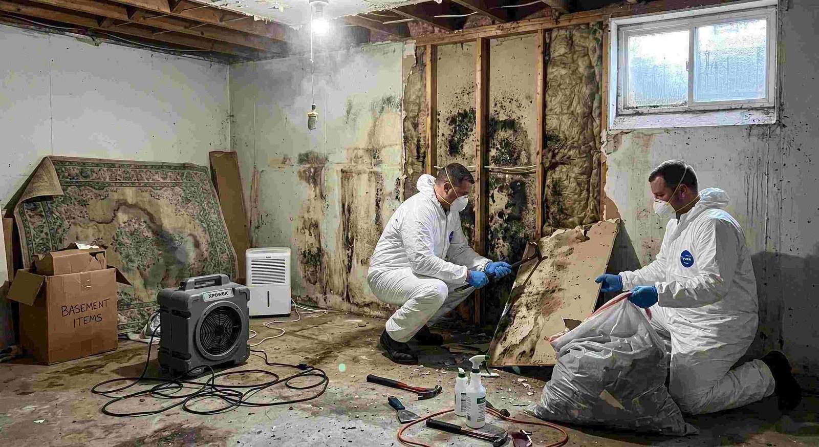 Realistic basement mold removal in a home in Round Rock, showing technicians safely removing black mold and using dehumidifiers and HEPA air scrubbers.