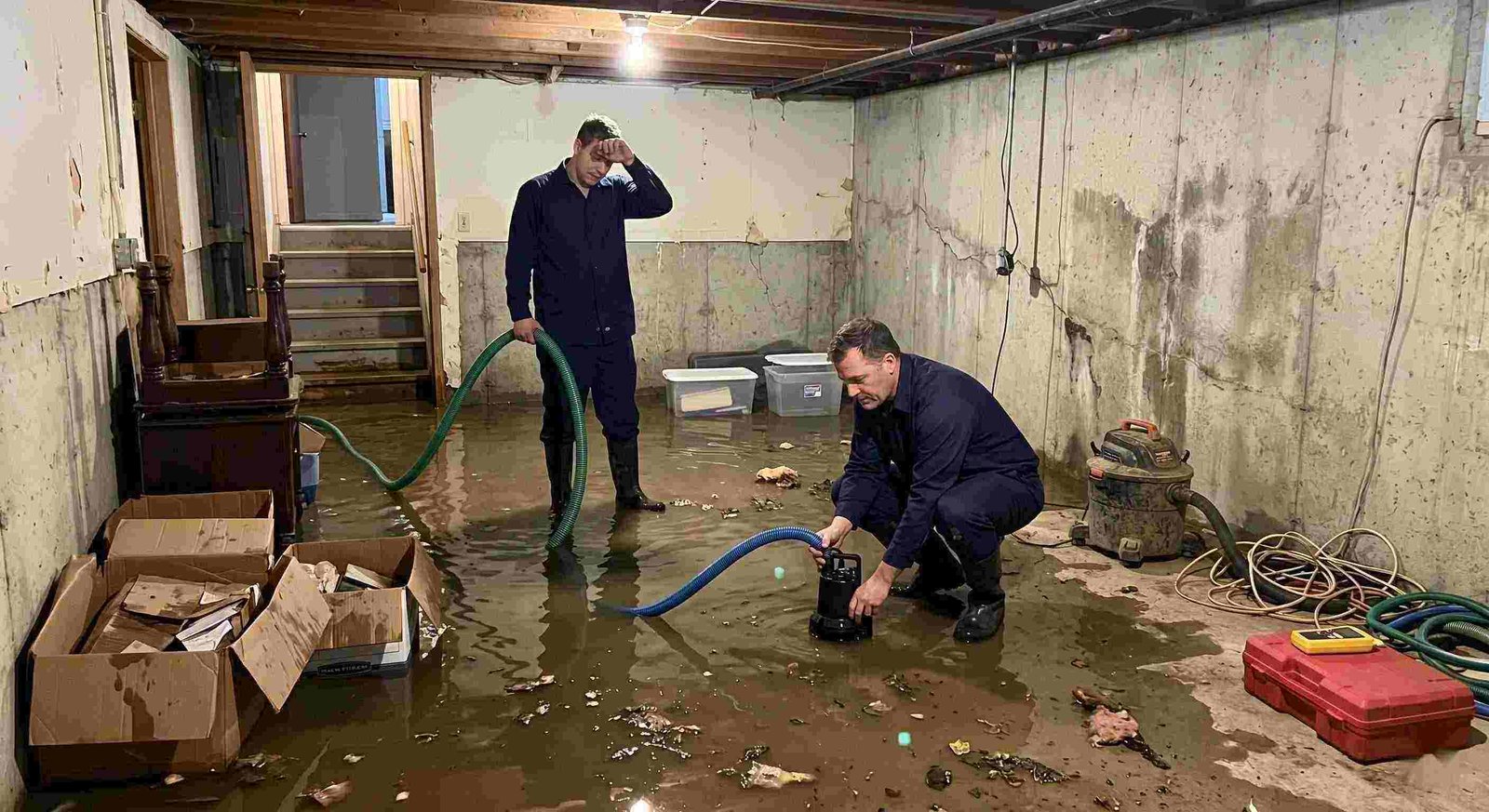 basement water removal service in Round Rock with technicians pumping out flooded basement