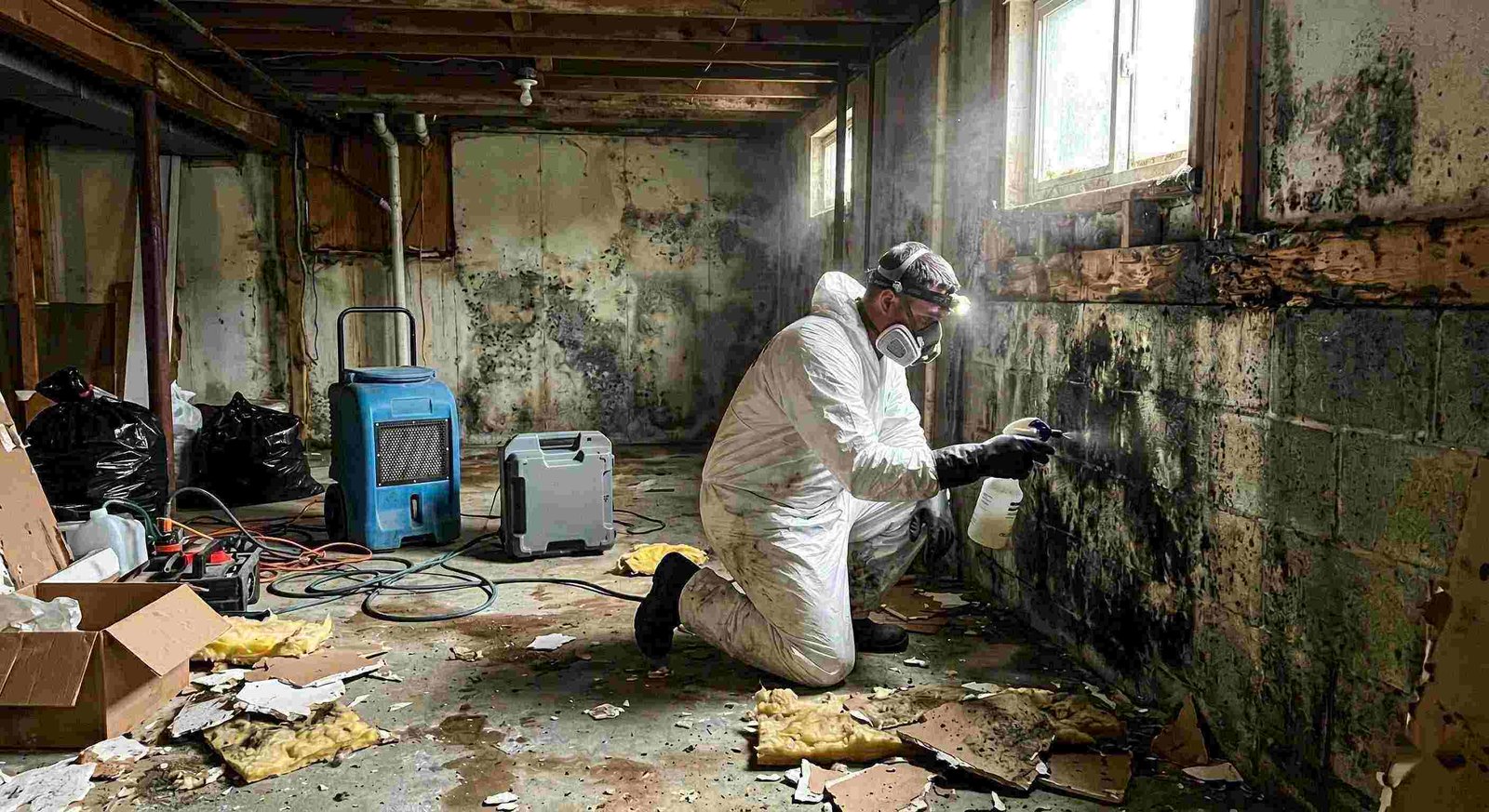 Technician performing black mold cleanup in a damp residential basement in Round Rock, showing removed drywall, mold patches, and remediation equipment.