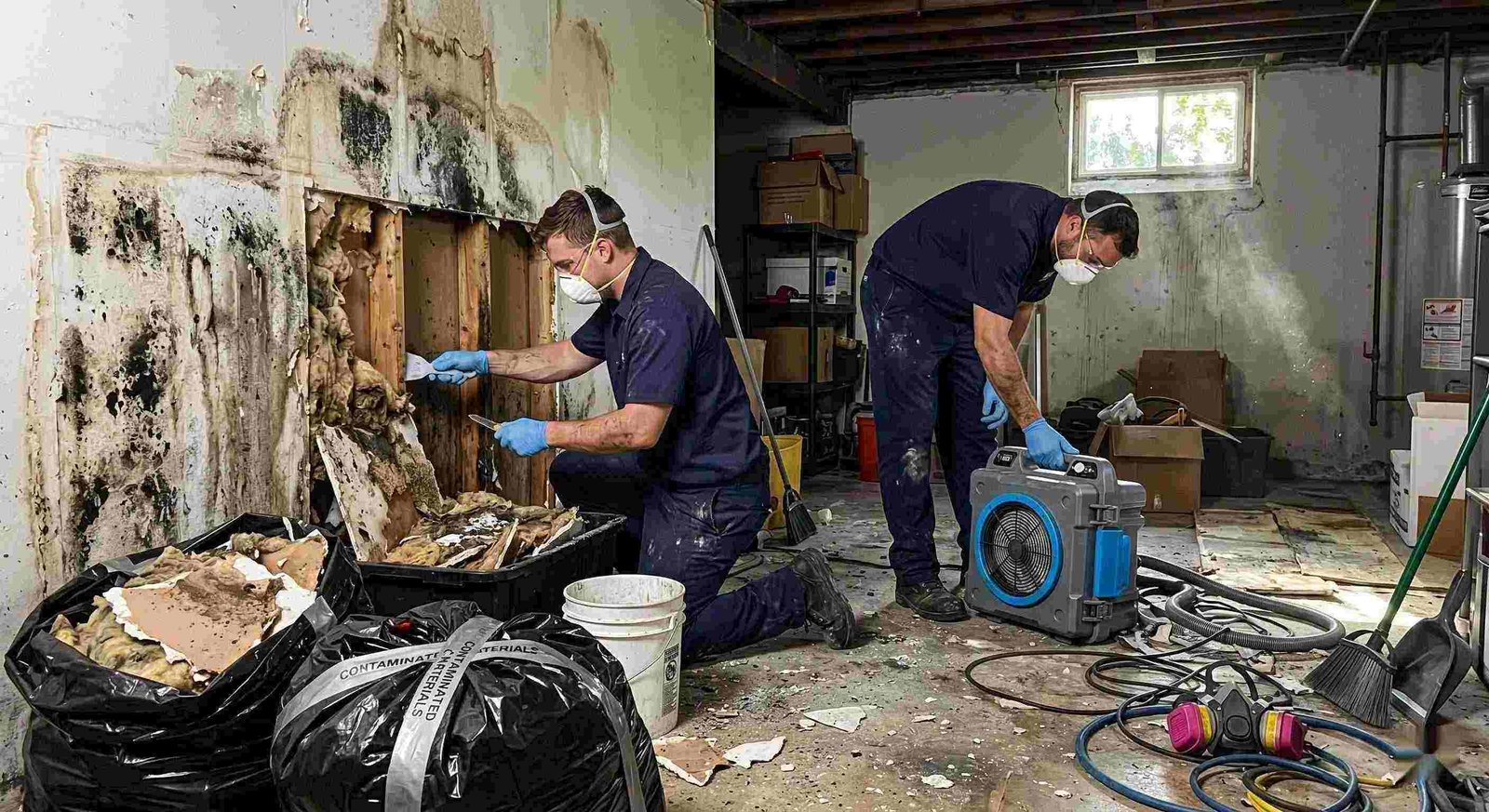 Technicians performing black mold cleanup in a damp residential basement in Round Rock, carefully removing contaminated drywall and insulation.