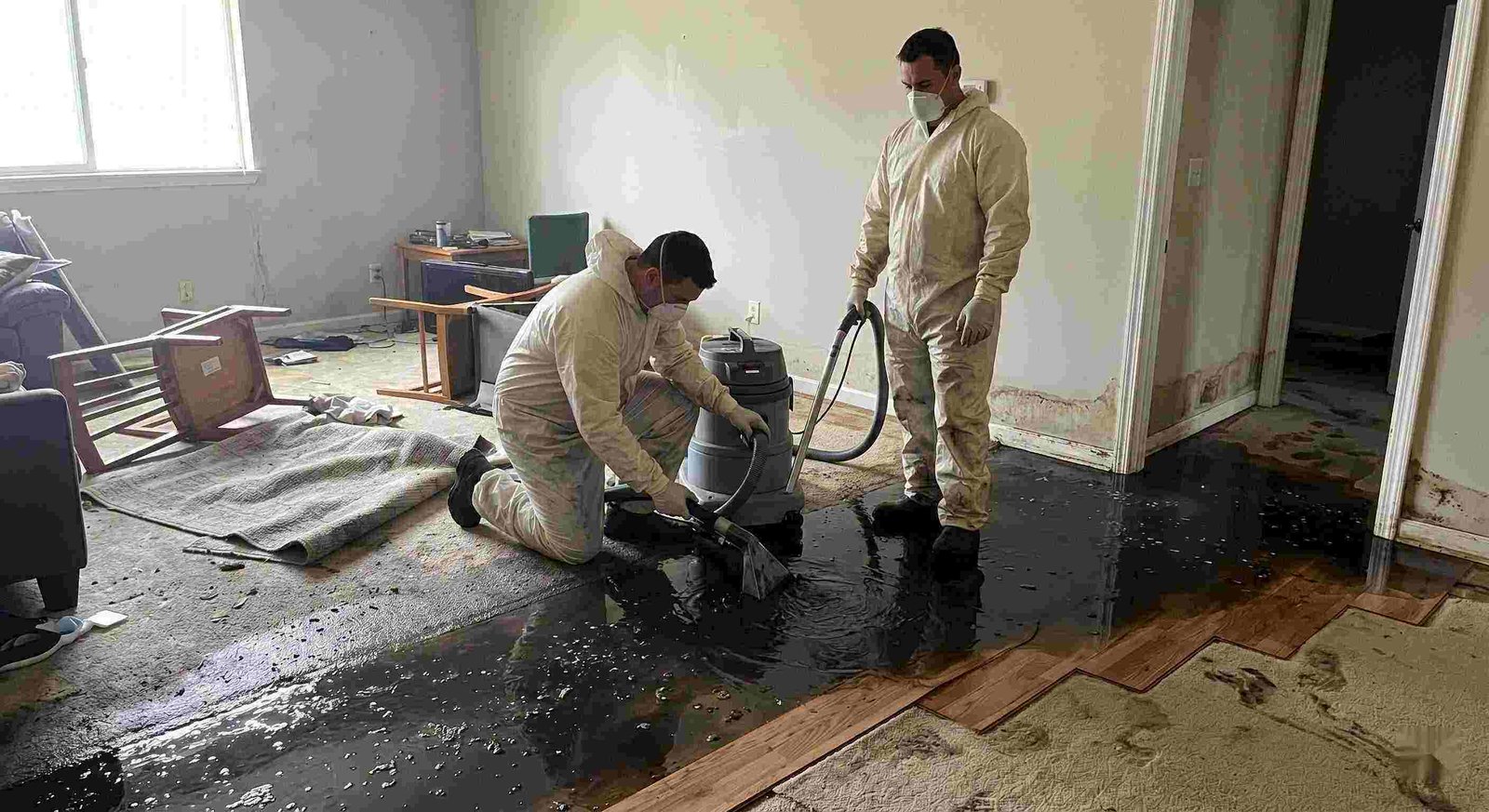 Black water removal service in Round Rock showing technicians extracting contaminated sewage water from flooded home interior