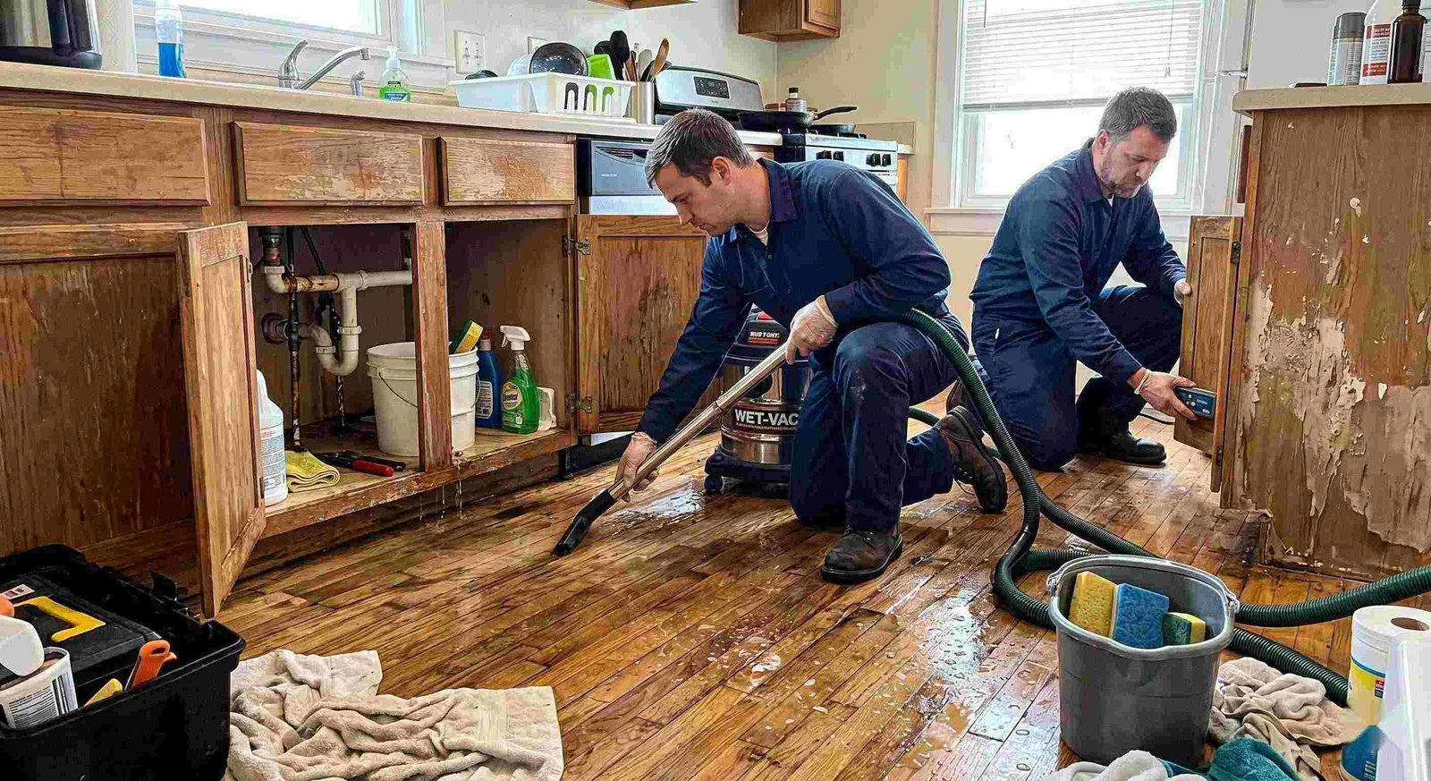 Realistic photo of technicians performing burst pipe water damage cleanup in a home in Round Rock, removing standing water and inspecting wet floors and walls.