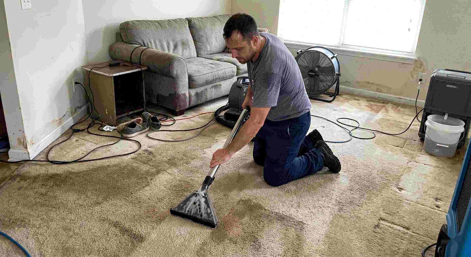 Technician performing carpet water extraction in a residential home using professional equipment after water damage in Round Rock