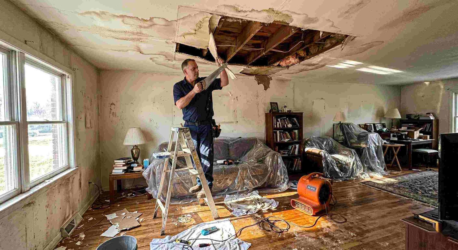 Realistic indoor scene of technicians performing ceiling leak repair in a home in Round Rock, showing water-damaged ceiling, tools, and drying equipment.