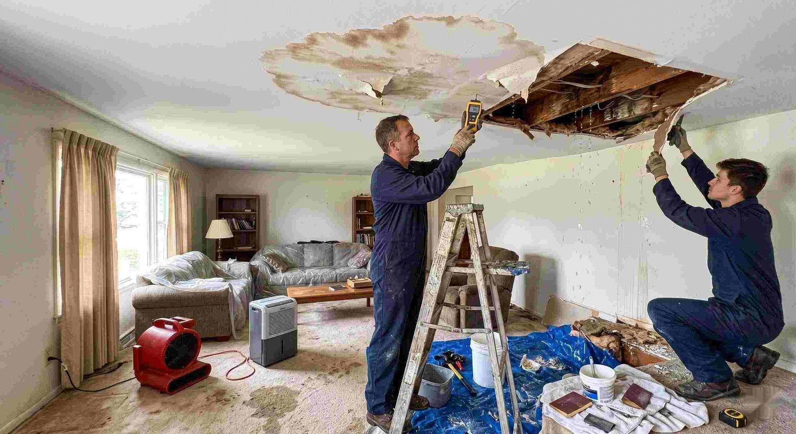 Realistic residential ceiling leak repair scene with technicians using moisture meters and air movers to fix water damage in a home in Round Rock.