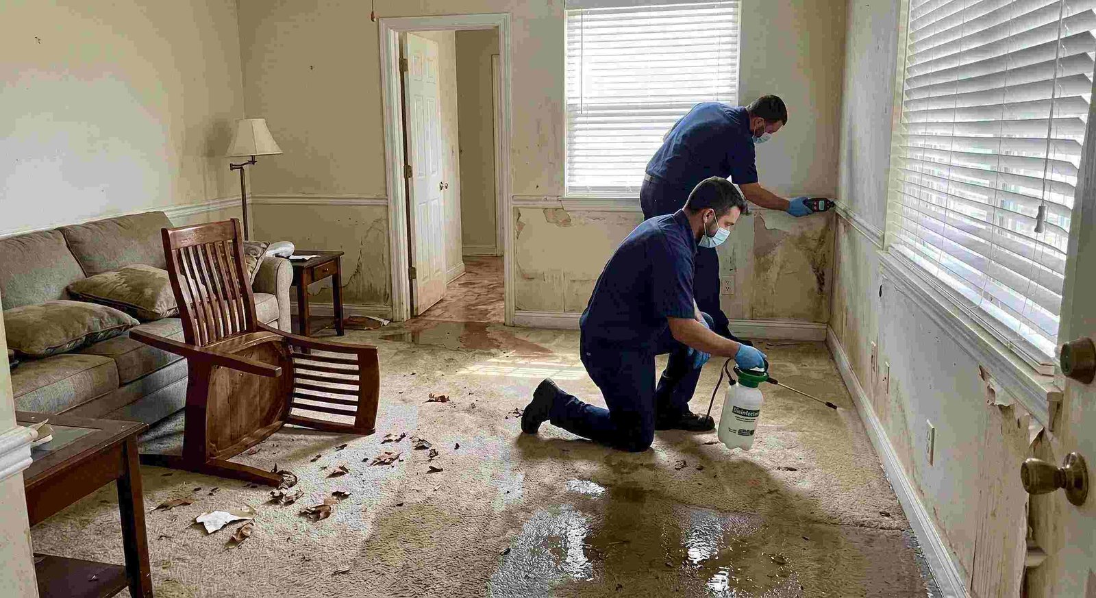 Technicians performing flood disinfection after water damage inside a home in Round Rock, ensuring wet floors, damp walls, and household items are sanitized safely.