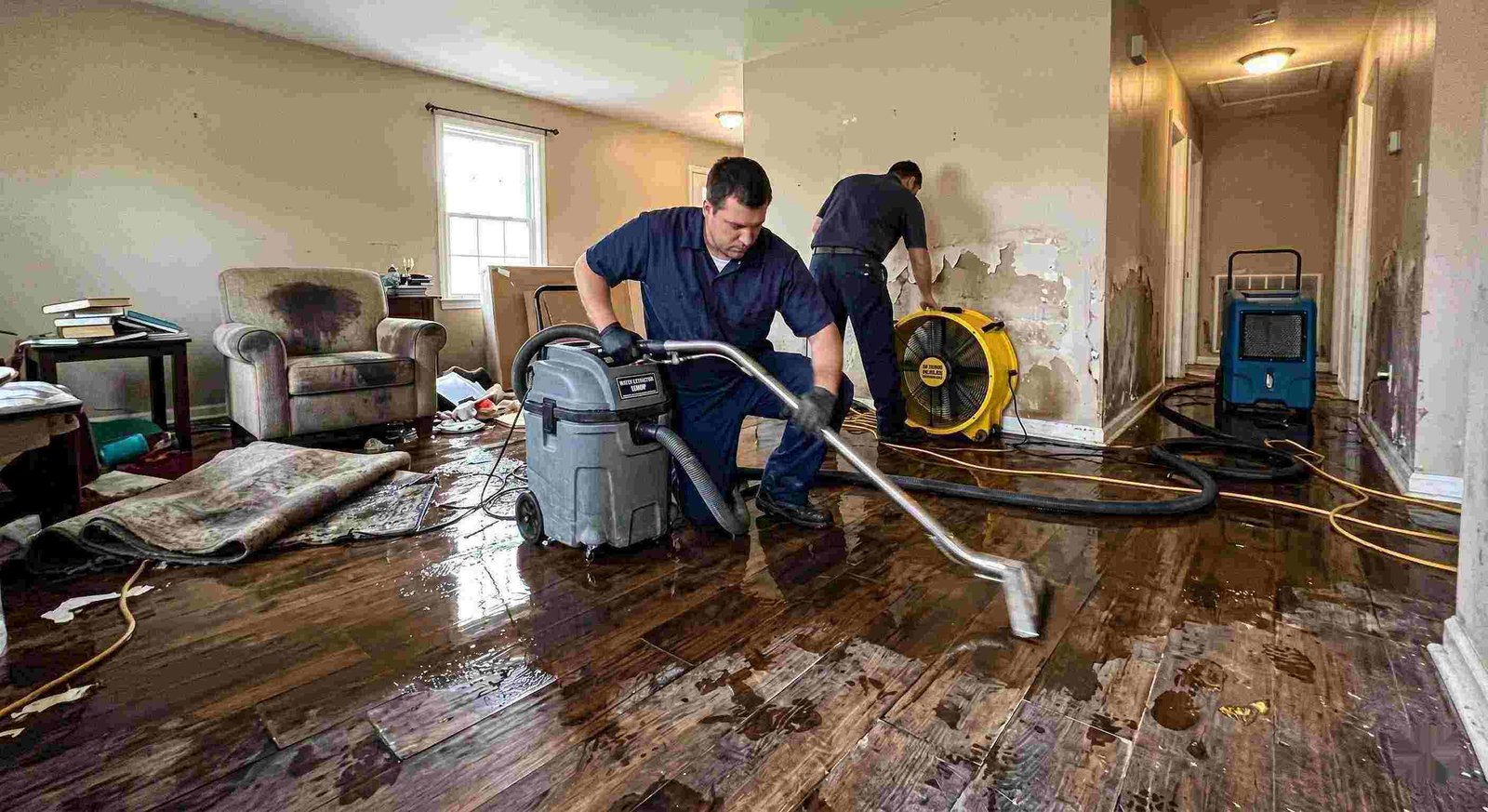Expert emergency water damage restoration technicians removing water from flooded home in Georgetown