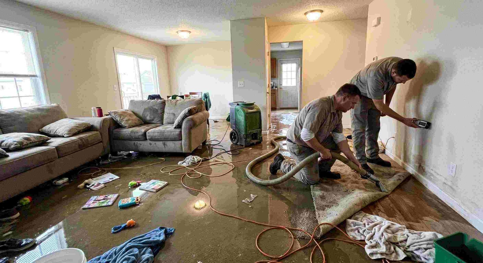 Emergency water removal technicians extracting water from flooded living room in Round Rock