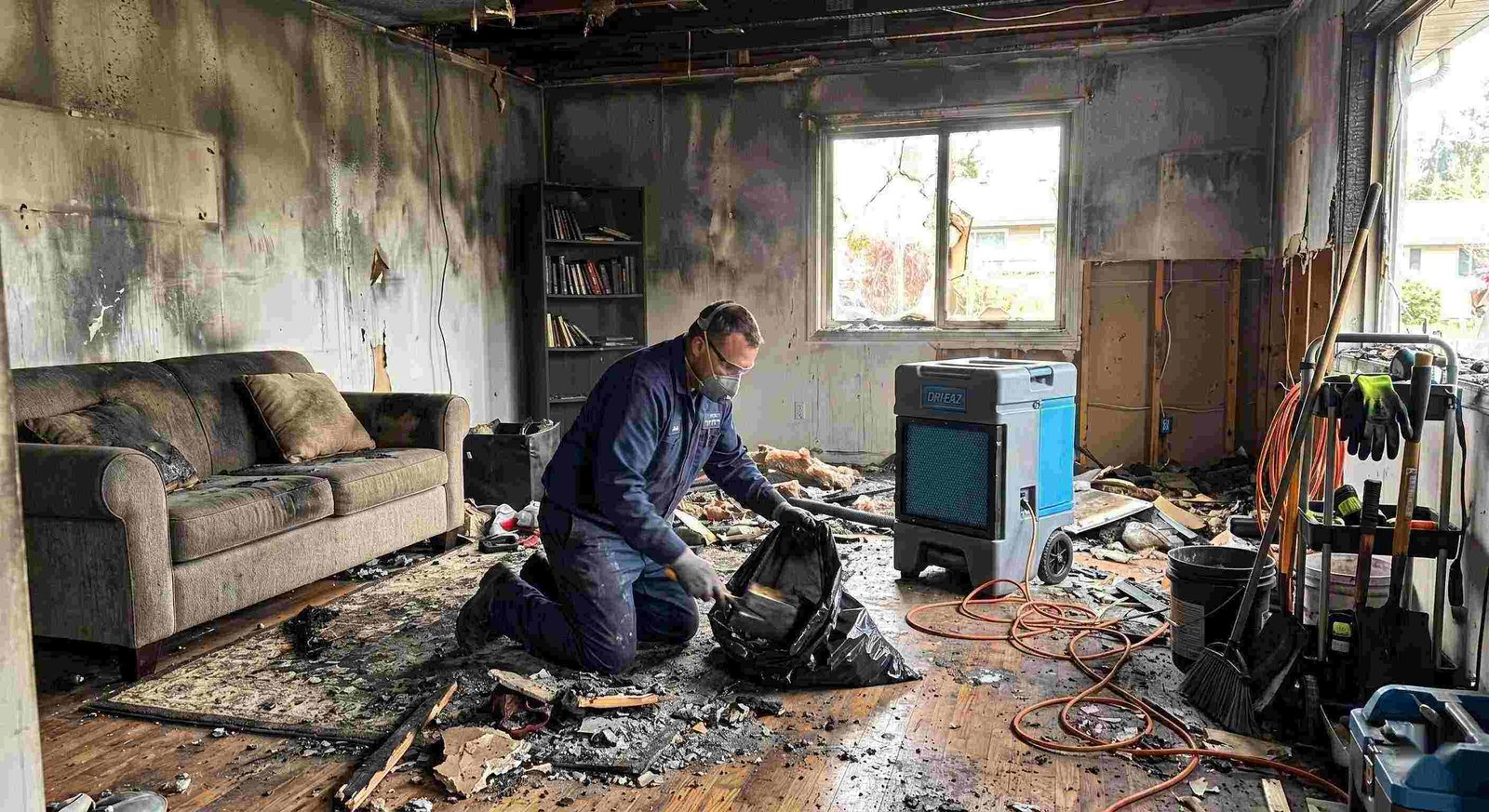 Fire damage cleanup scene with technician removing debris from a home affected by fire in Round Rock