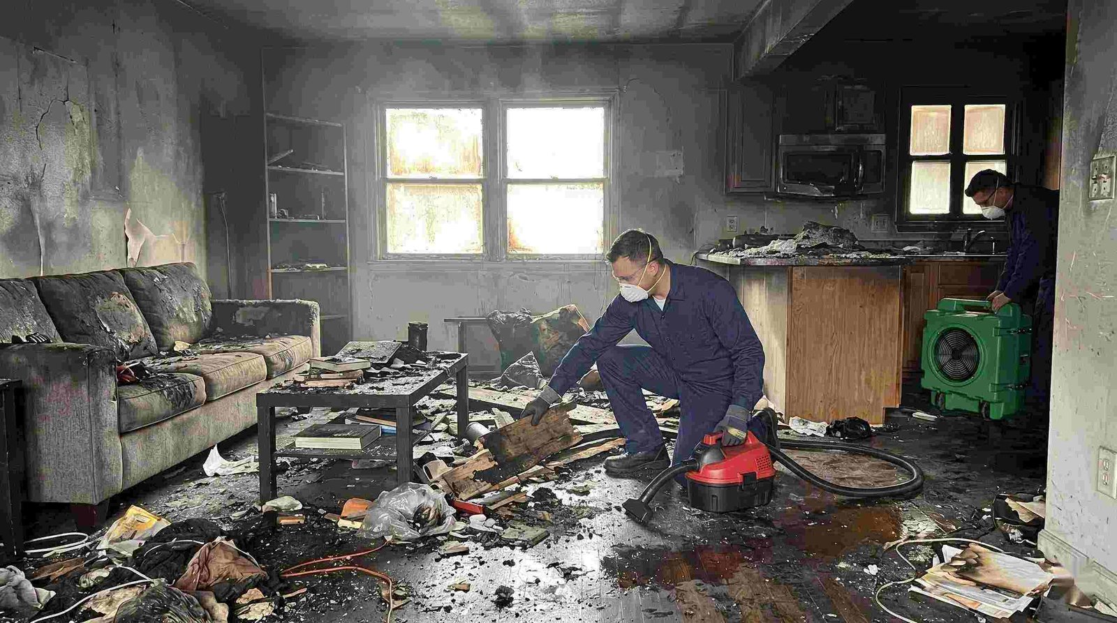 Realistic image showing extensive fire damage in a home with soot, debris, and smoke residue, captured during fire damage restoration in Round Rock.