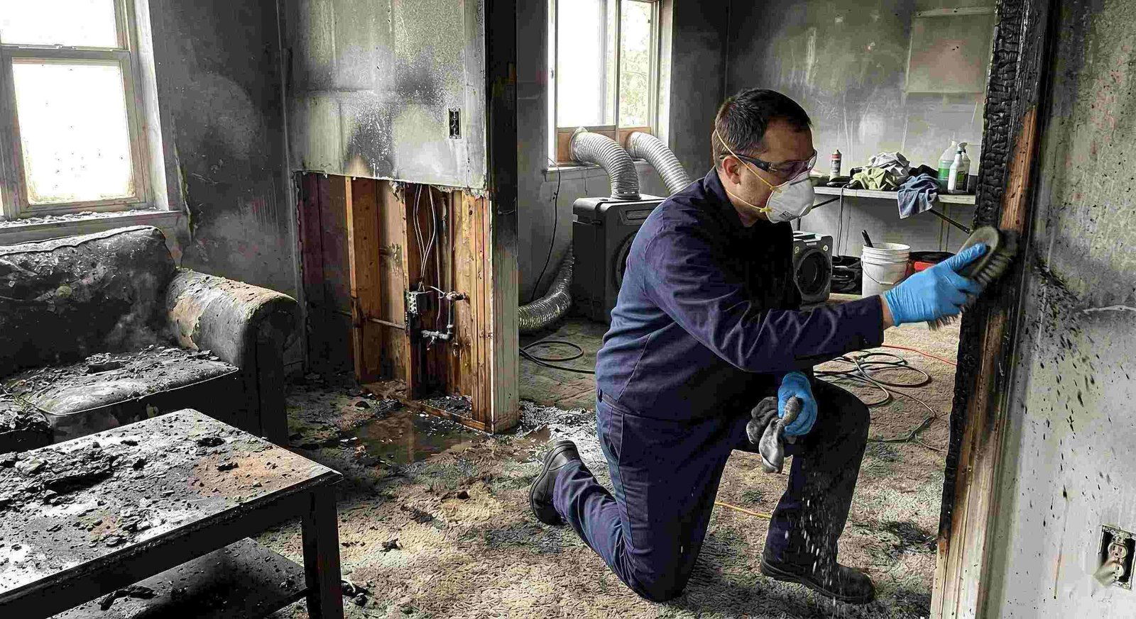 Action shot of a fire damage restoration technician cleaning soot and debris in a home damaged by fire in Round Rock