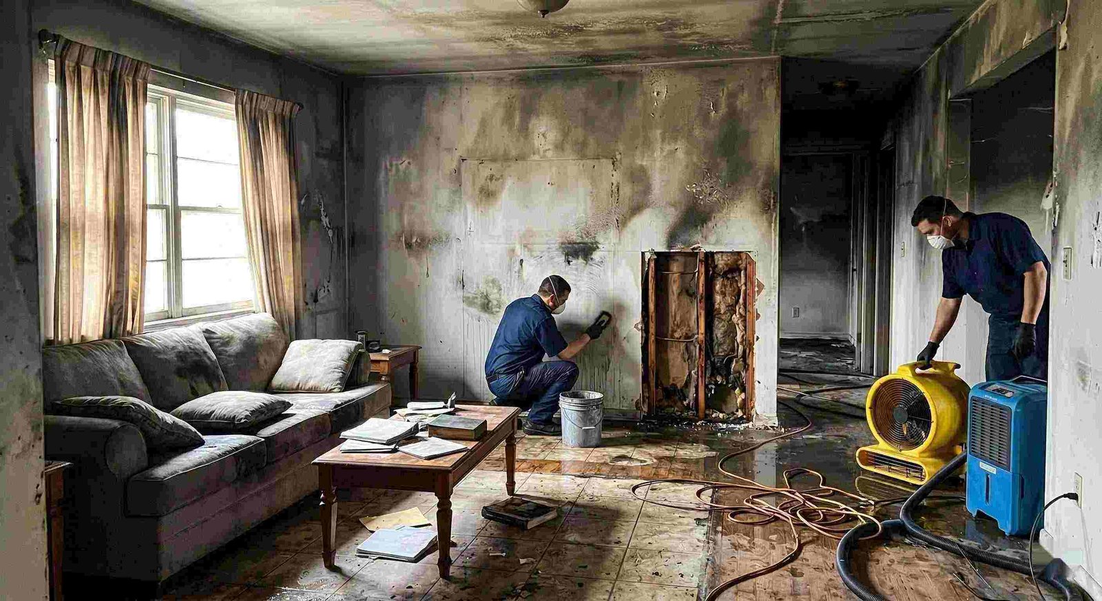Top-rated fire damage restoration cleanup with technicians removing soot and drying water damage in home Georgetown