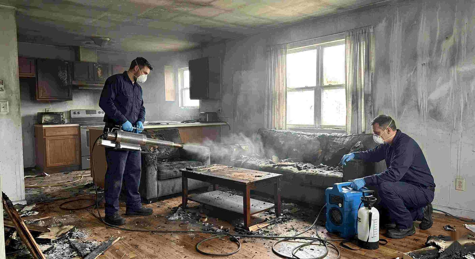 Fire odor removal service in a home showing technicians using thermal fogging equipment to eliminate smoke and soot odors in Round Rock.