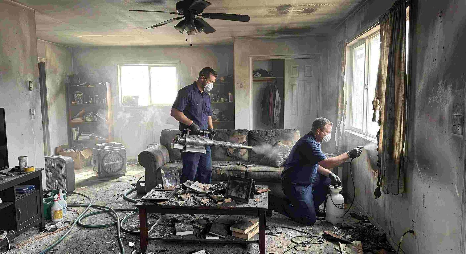 Fire damage restoration technicians removing smoke odors from a soot-stained home in Round Rock, using thermal fogging and odor neutralization.