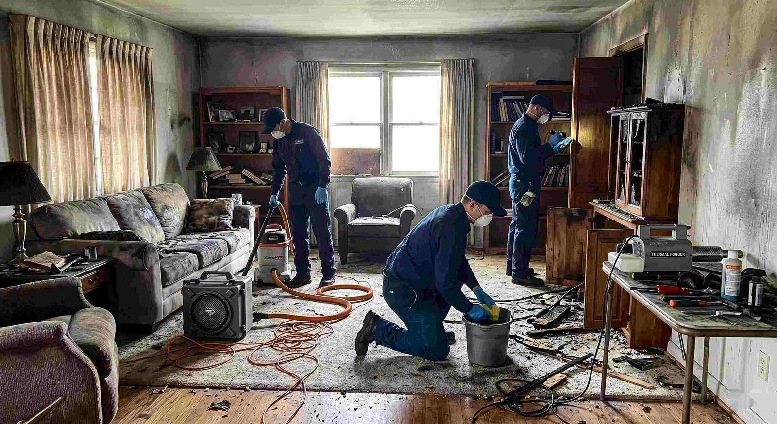 Photo of a fire restoration team using professional equipment to clean soot and smoke damage in a Round Rock home, emphasizing trust and hands-on expertise.