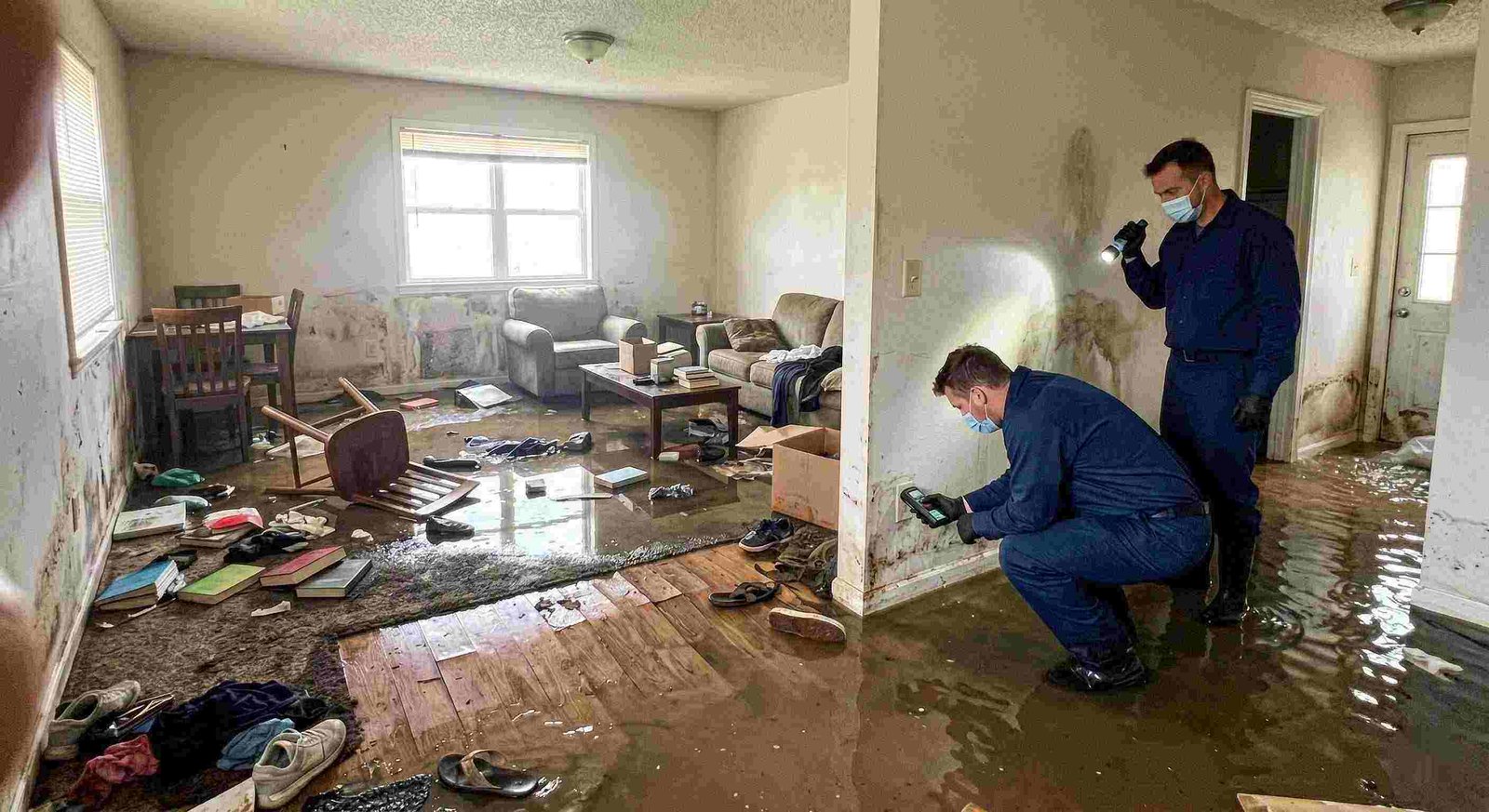 Severe home flooding with waterlogged floors, damaged furniture, and generic technician assessing the damage in Round Rock