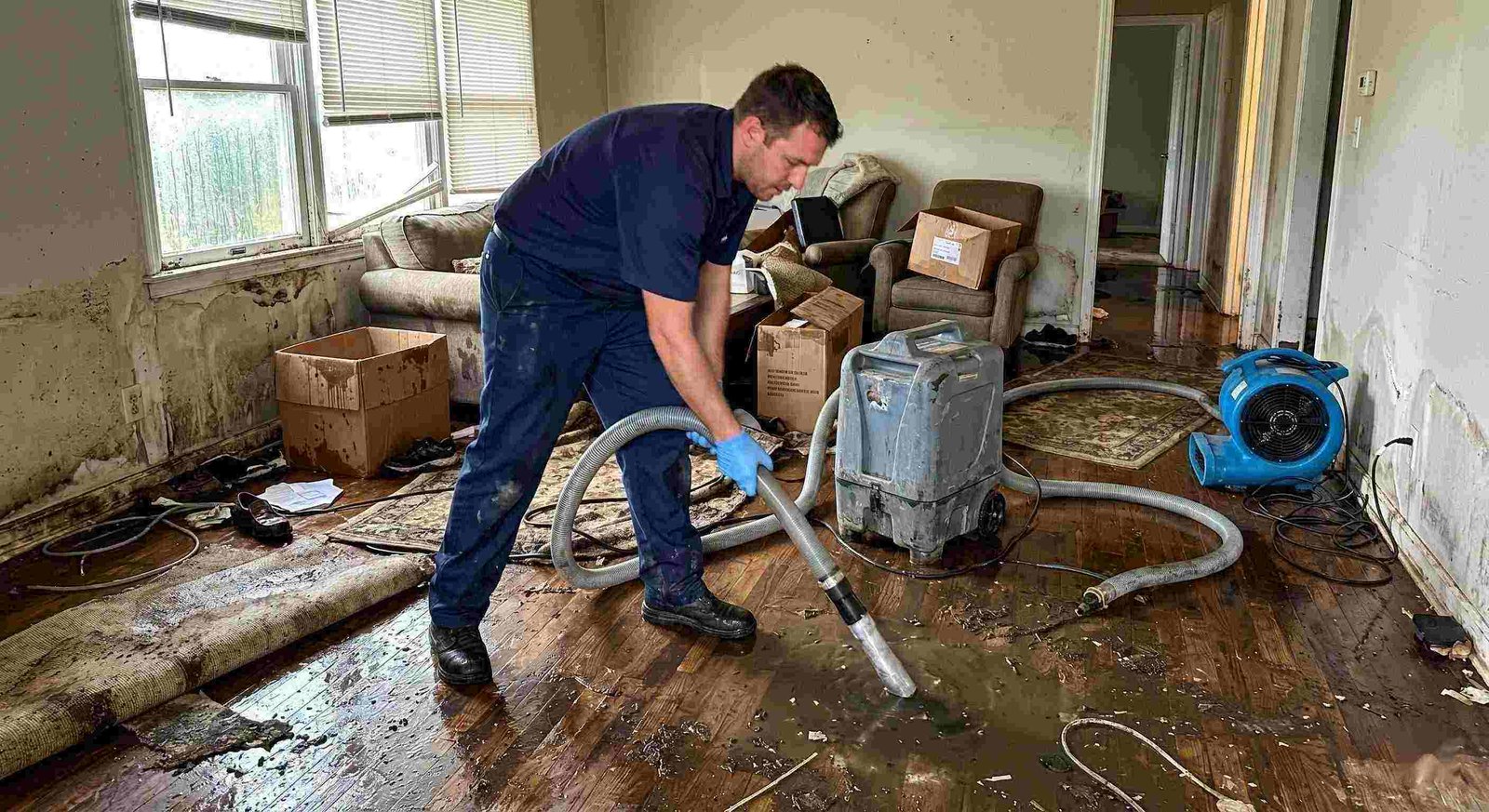 Action shot of a flood damage restoration technician removing standing water in a flooded home during the restoration process in Round Rock.