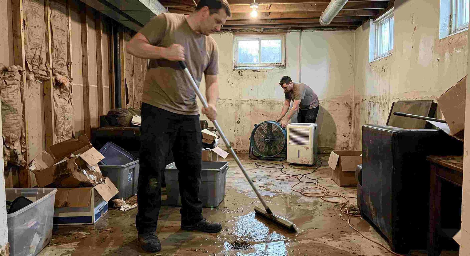 Expert flood and storm damage cleanup in a residential basement with standing water removal and drying equipment in Georgetown