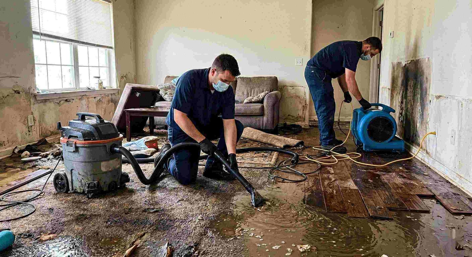Flood water removal service in a residential home showing technicians extracting standing water and setting up drying equipment in Round Rock