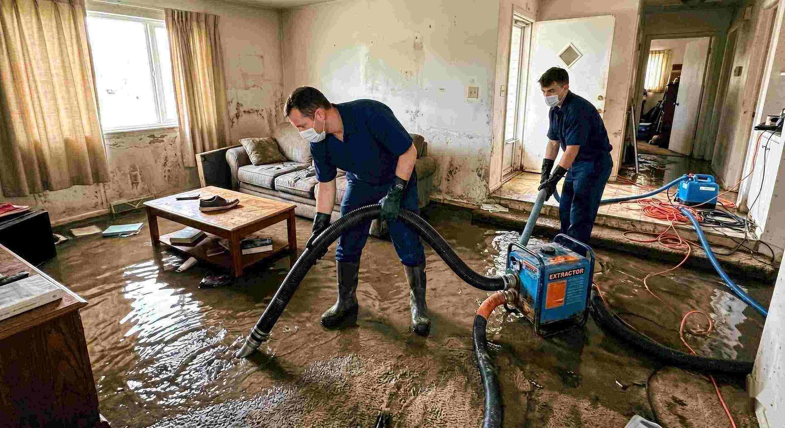 Realistic flood water removal inside a home with technicians using pumps and hoses to extract standing water during flood damage restoration in Round Rock.