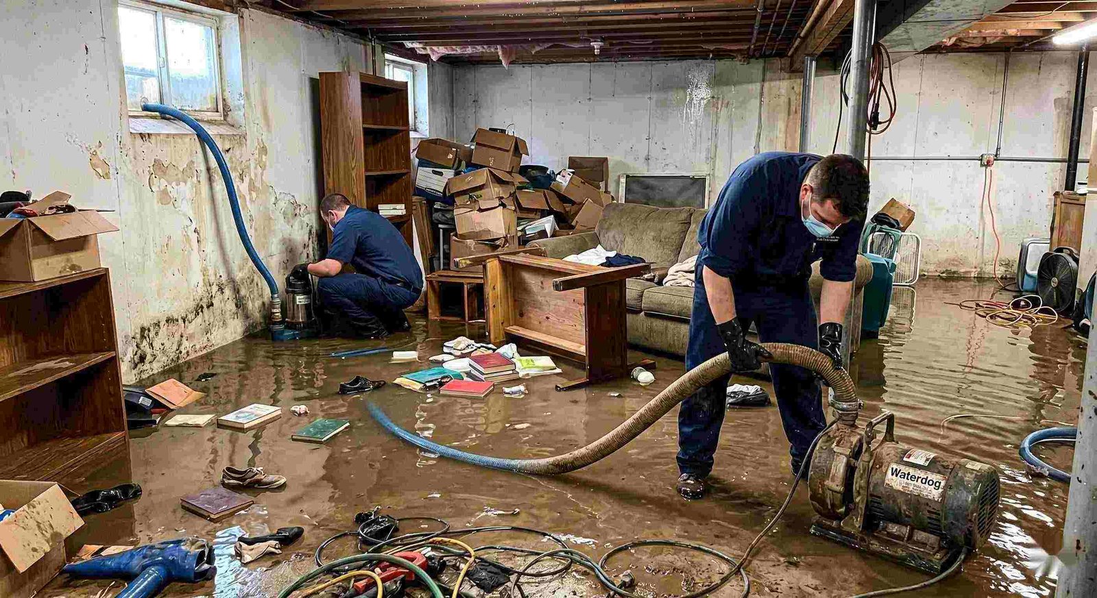 Realistic photo of a flooded basement cleanup with restoration technicians removing standing water in a home in Round Rock
