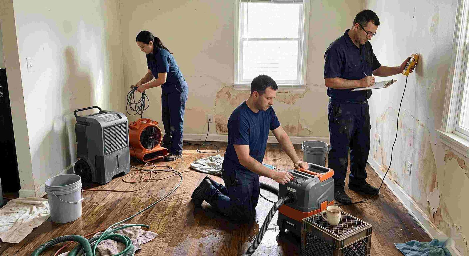 Local leak damage restoration team working with professional equipment to repair water-damaged home in Round Rock.