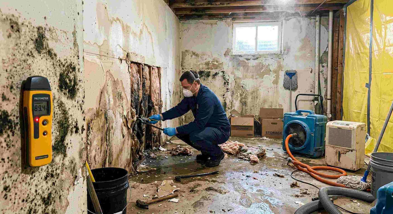 Professional mold after water damage cleanup in a residential home, showing a technician removing water-damaged drywall and treating mold in a damp basement in Round Rock.