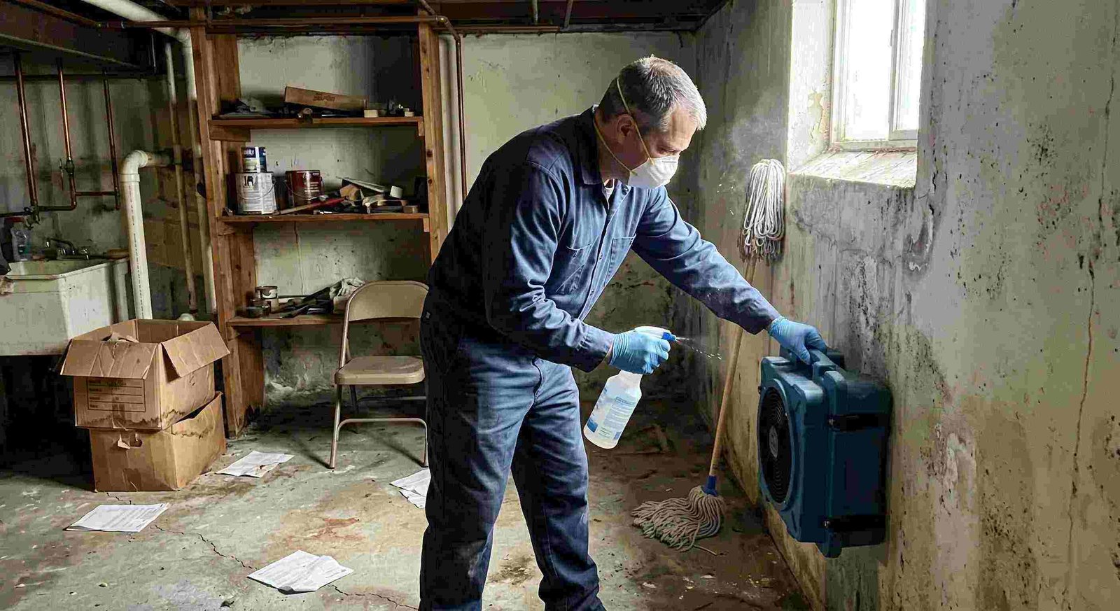Technician performing mold odor removal in a basement, using HEPA air scrubber and antimicrobial spray, preventing mold growth in a Round Rock home.