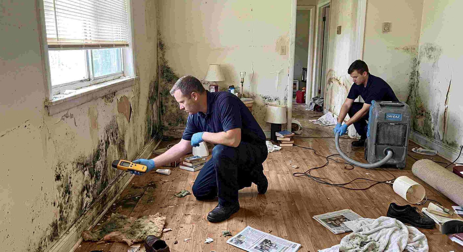 Realistic photo showing mold damage and water-affected walls in a home during mold remediation in Round Rock, with technicians inspecting and controlling moisture.