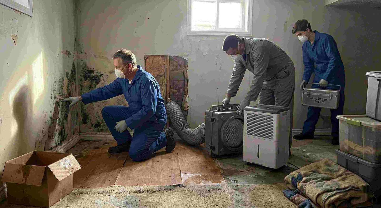 Residential mold remediation team performing inspection and cleanup with dehumidifiers and HEPA filters, showing professional team and equipment in a Round Rock home.