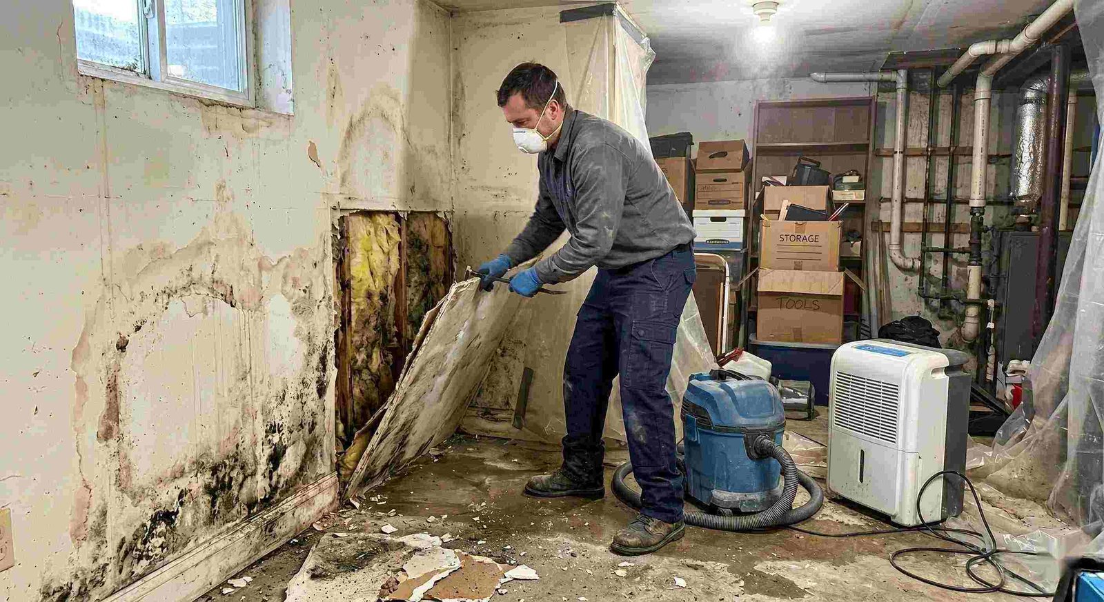 Action shot of a mold remediation technician removing damaged drywall and treating mold in a home basement in Round Rock, showing realistic textures, dust, and water damage.