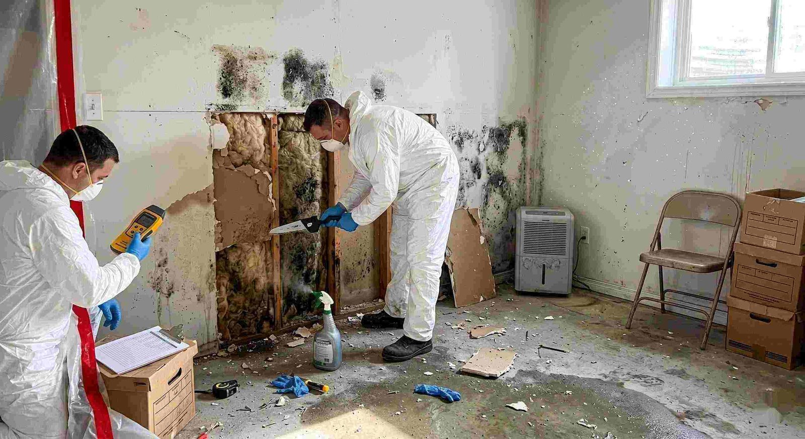 Professional mold removal service in a residential home, showing technicians removing black mold and moisture-damaged drywall in Round Rock.