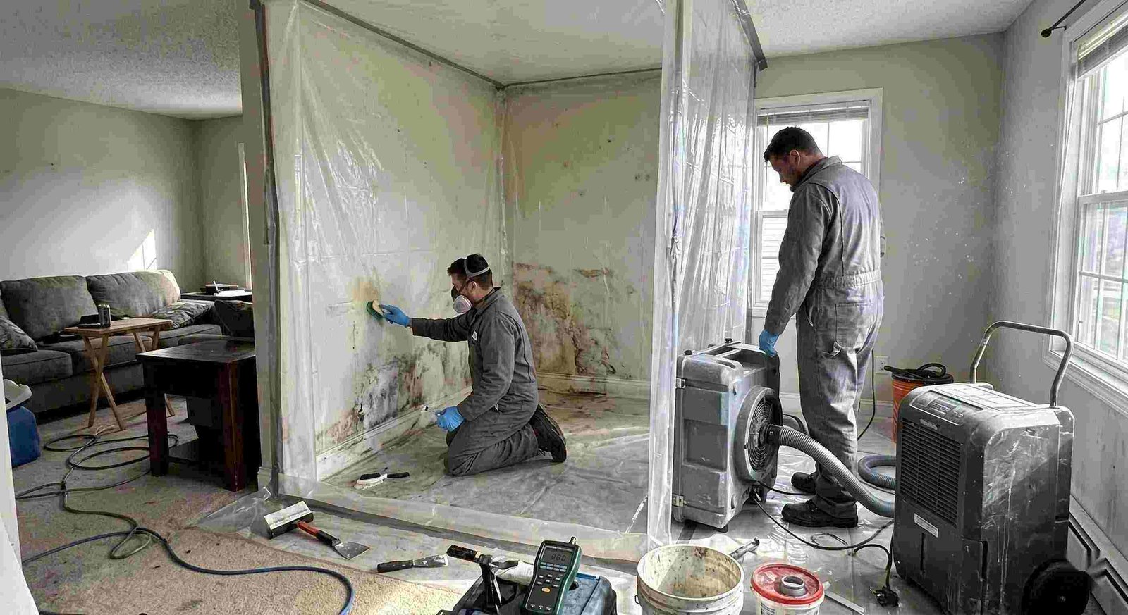 Technicians performing indoor mold removal in a residential home in Round Rock, isolating damp areas and using HEPA air scrubbers and dehumidifiers.