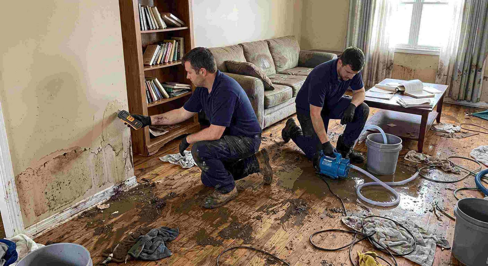 Realistic photo of a technician performing mud and debris removal after flooding in a home in Round Rock, showing soaked floors, water-damaged furniture, and scattered cleaning equipment.