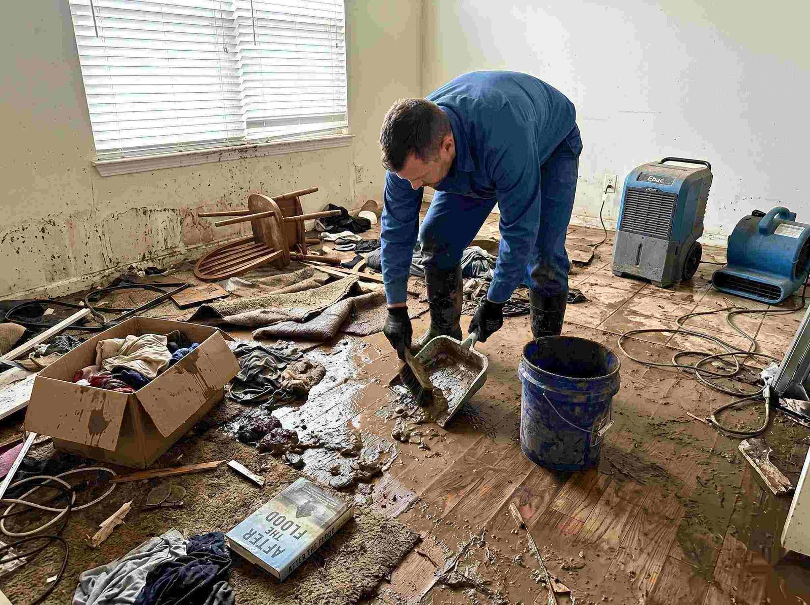 Realistic photo of a technician performing mud and debris removal after a home flood in Round Rock, showing soaked furniture, wet flooring, and scattered debris during post-flood cleanup.