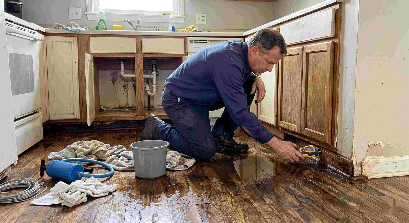 Technician performing pipe leak cleanup in a residential home in Round Rock, inspecting water-damaged flooring and cabinets.