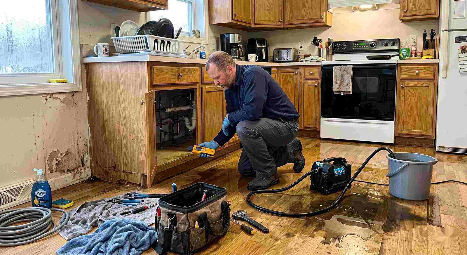 Pipe leak cleanup service in a residential kitchen showing water damage and a technician actively restoring the area in Round Rock.