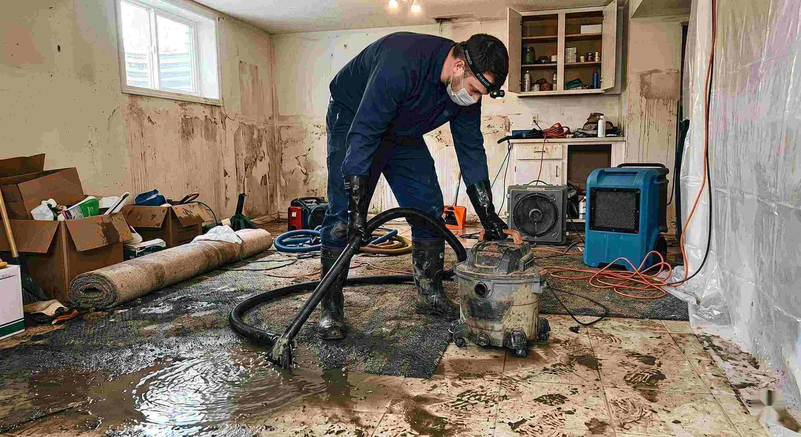 Action shot of a technician performing sewage backup cleanup in a residential home, showing water extraction and sanitation processes in Round Rock.