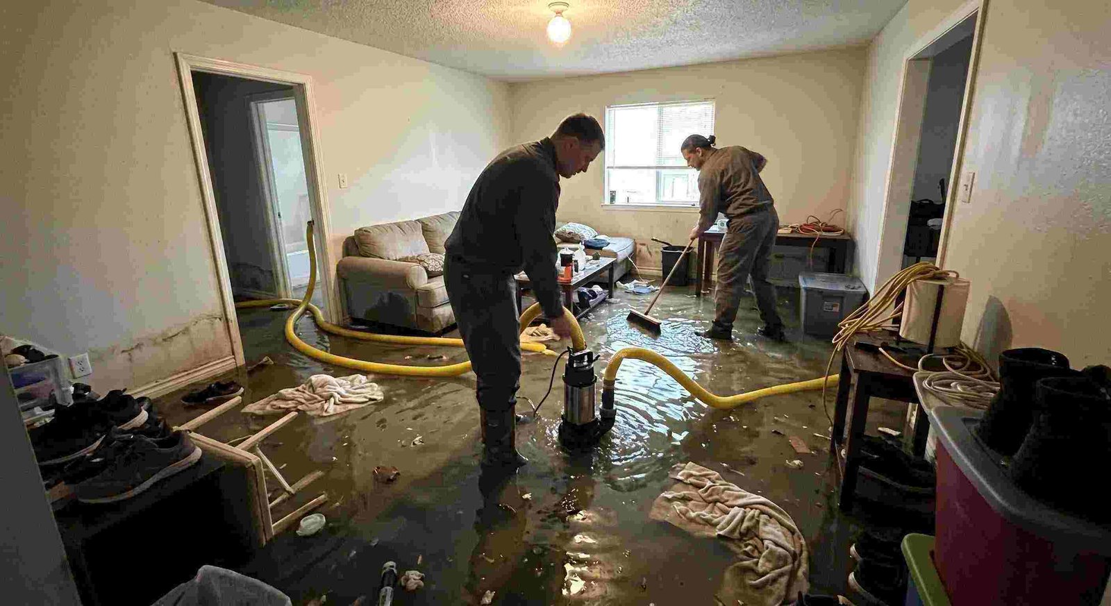 High volume residential pump-out services removing flood water with submersible pumps in Round Rock
