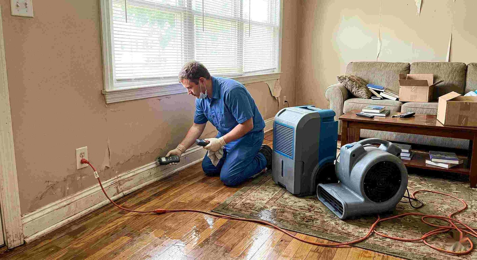 Technician performing rainwater intrusion cleanup in a flooded home in Round Rock, showing wet floors, damp walls, and dehumidifiers in use.