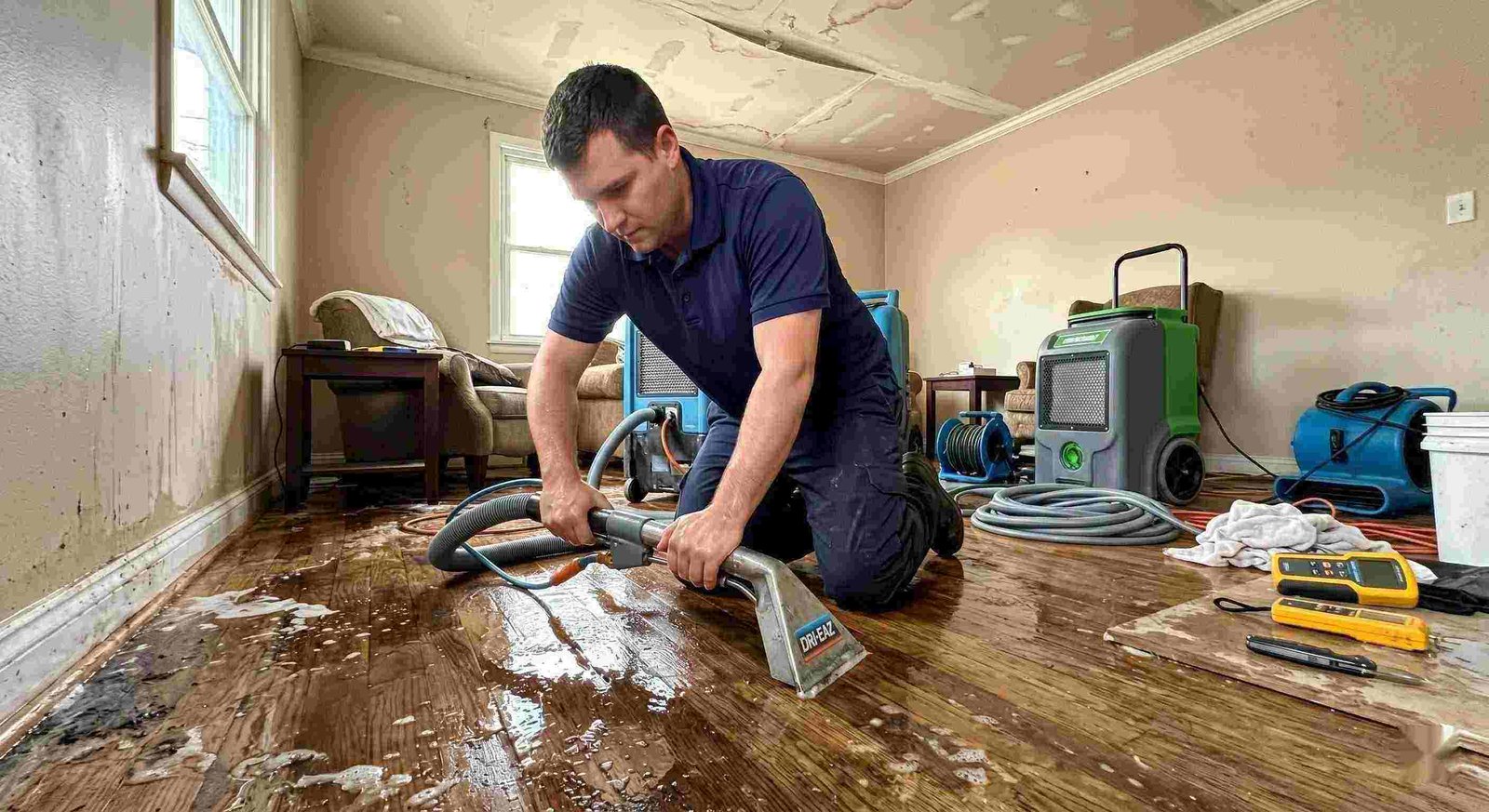 Action shot of a leak damage restoration technician performing water extraction and drying in a home in Round Rock, showing realistic water damage and cleanup process.