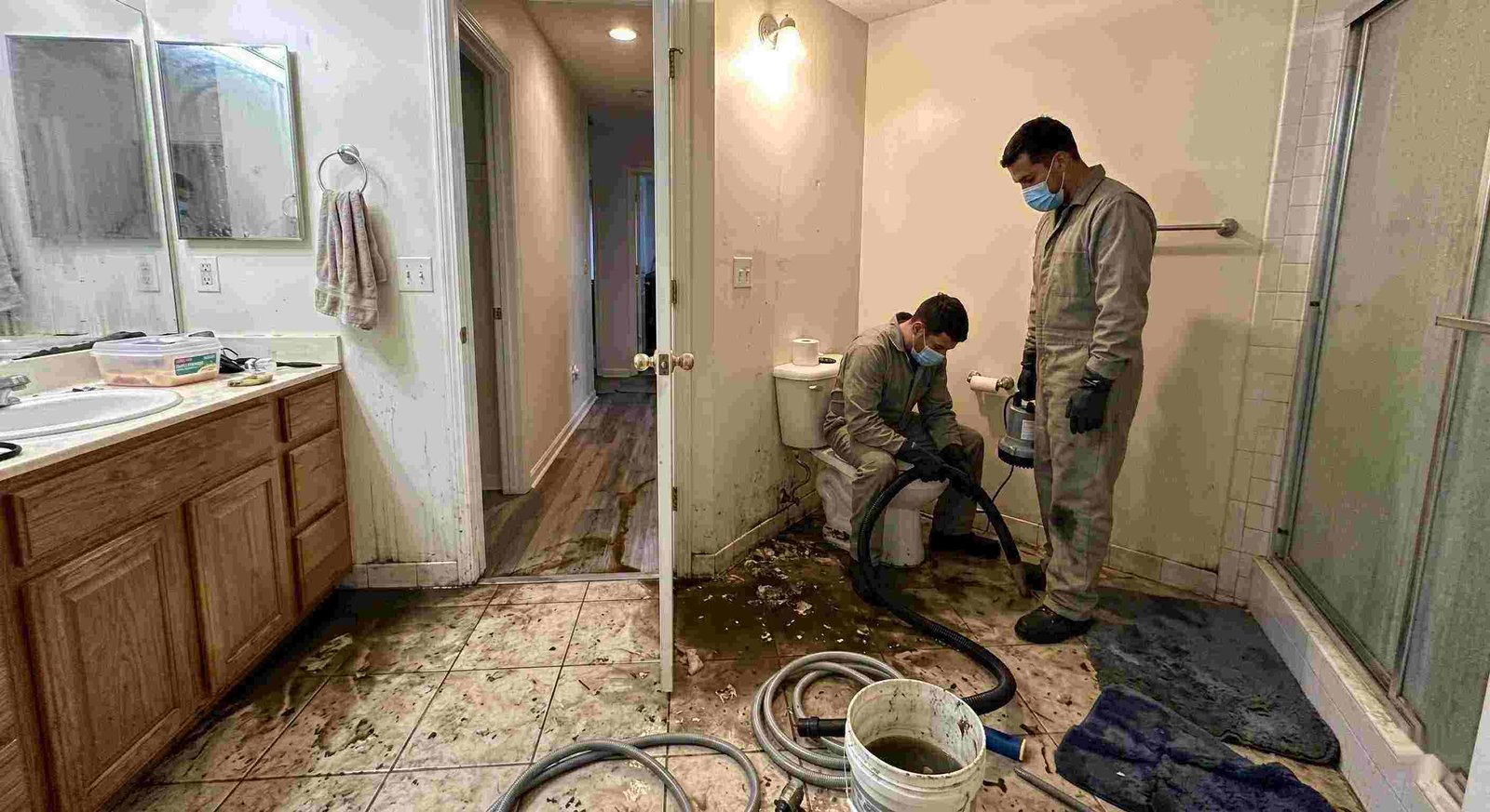 Septic tank backup cleanup in Round Rock bathroom with technicians removing contaminated water and sanitizing affected areas