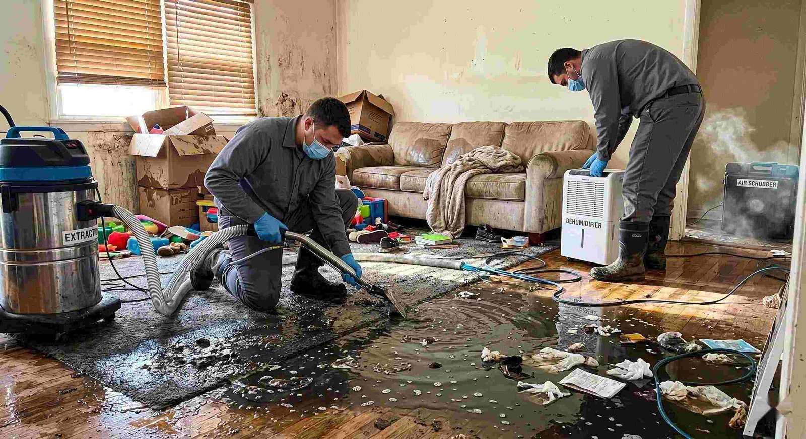 Realistic image of a residential sewage backup cleanup in progress, with technicians removing contaminated water and using drying equipment in a home in Round Rock.