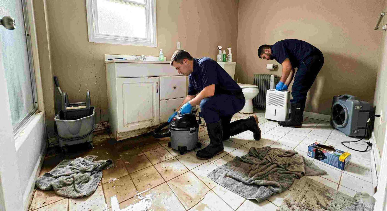 Realistic sewage backup cleanup in a home bathroom, technician extracting contaminated water during emergency sewage cleanup in Round Rock