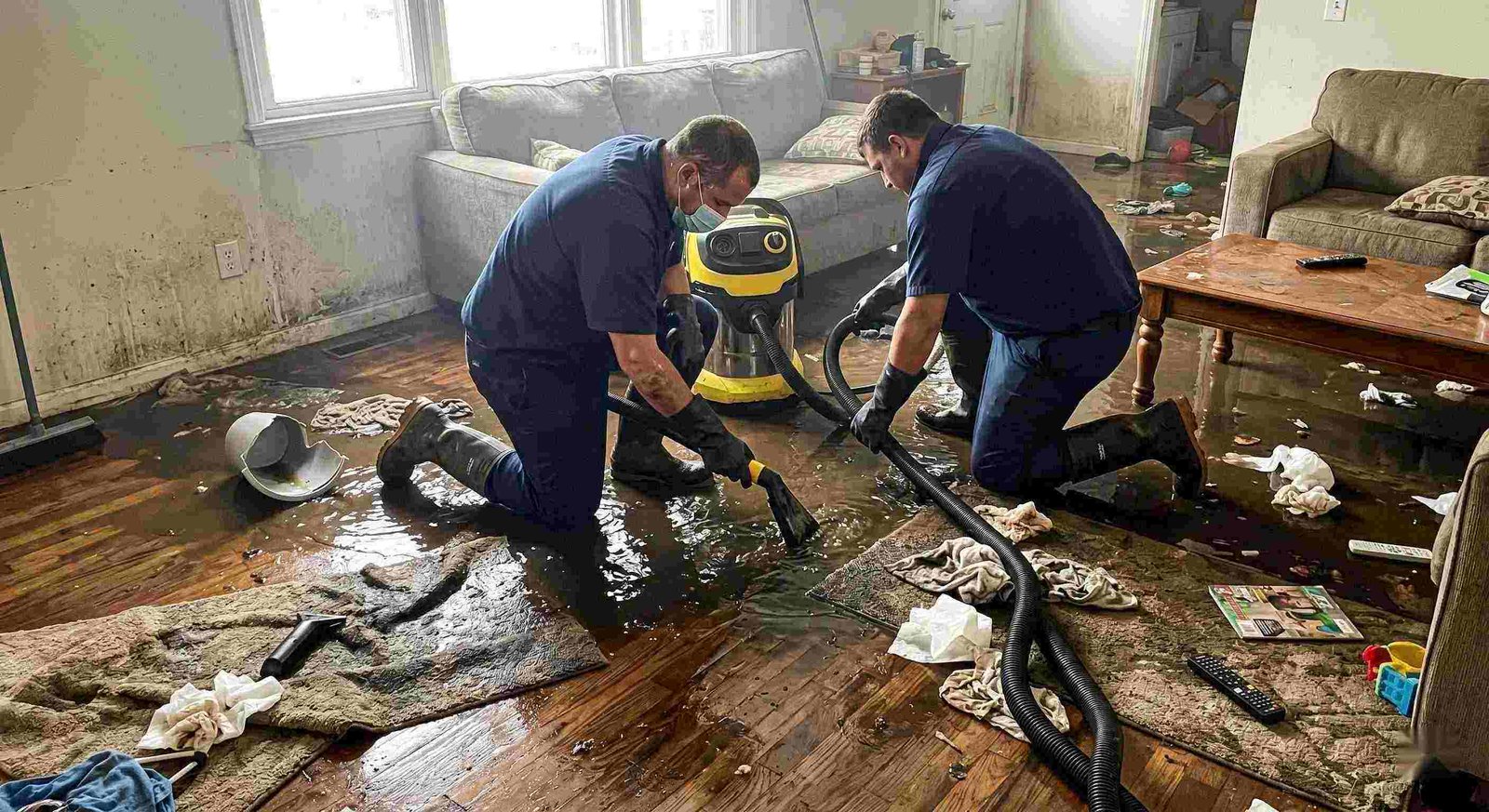 Realistic scene of sewage backup cleanup in a home showing technicians removing contaminated water in Round Rock.