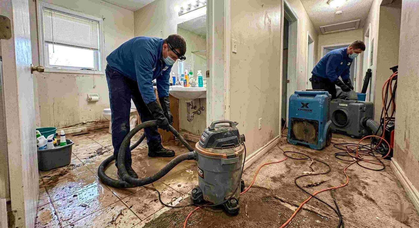 Sewage backup cleanup in a home with technicians removing contaminated water and drying surfaces in Round Rock