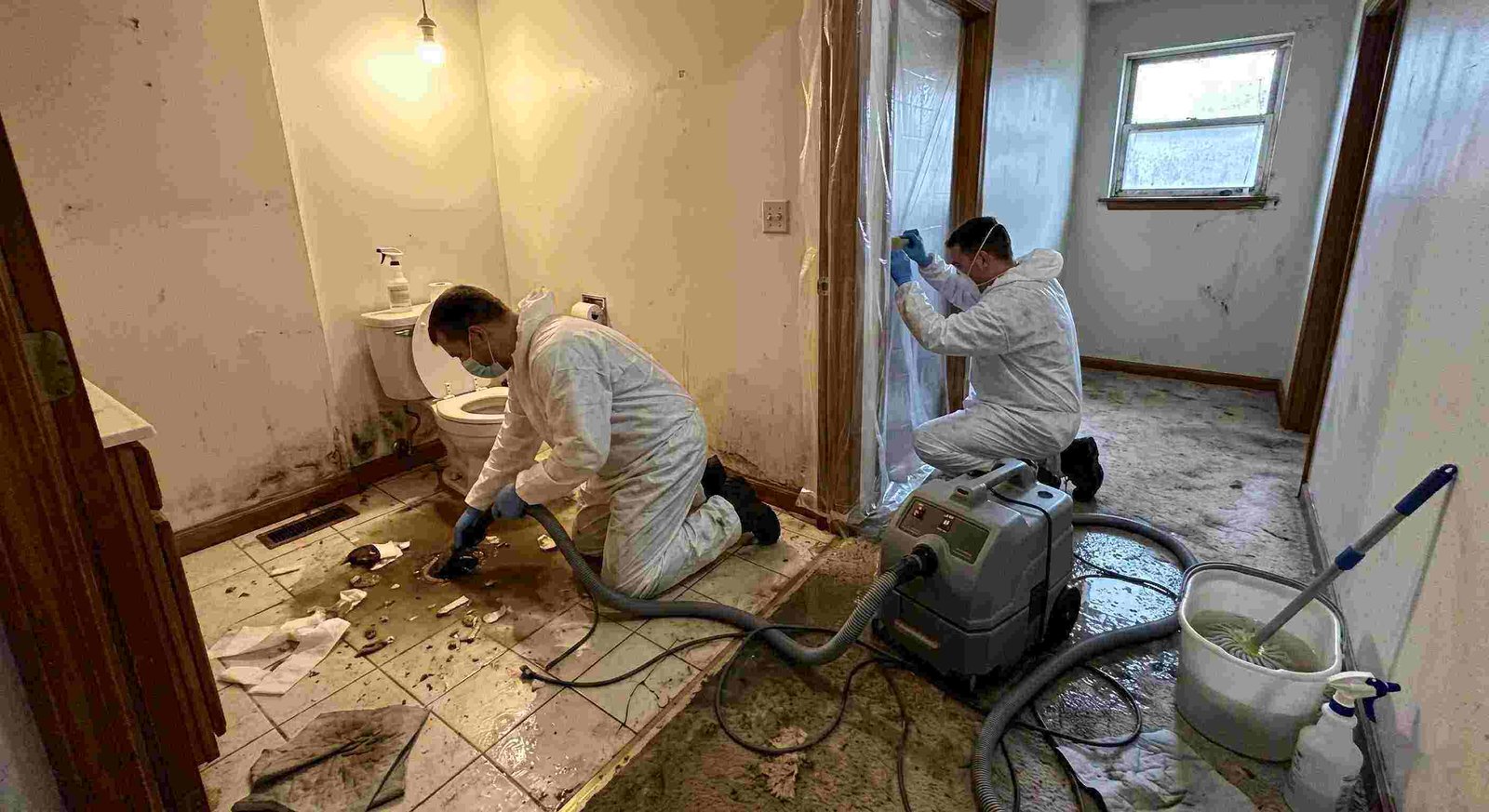 Trusted sewage backup cleanup technicians removing contaminated water inside home in Georgetown