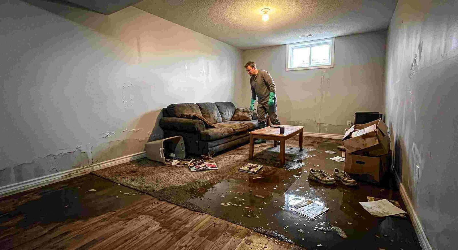 severe sewage backup damage spreading across basement floors and walls in Round Rock home